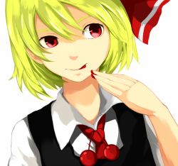 Rule 34 | 1girl, ascot, bad id, bad pixiv id, benetto (benet), blonde hair, blood, embodiment of scarlet devil, female focus, hair ribbon, hand to own mouth, licking lips, red eyes, ribbon, rumia, shirt, short hair, solo, tongue, tongue out, touhou, upper body, vest