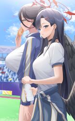 Rule 34 | 2girls, absurdres, black eyes, black hair, black wings, blue archive, bottle, breasts, clothes around waist, eating, feathered wings, food, guntree, gym shirt, hair ornament, hairclip, halo, hasumi (blue archive), hasumi (track) (blue archive), highres, holding, holding bottle, holding food, huge breasts, ichika (blue archive), jacket, jacket around waist, large breasts, long hair, multiple girls, official alternate costume, ponytail, red eyes, red halo, shirt, short sleeves, track jacket, water bottle, white shirt, wings
