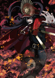 Rule 34 | 1girl, blood, blood on clothes, blood on face, blood splatter, bloody weapon, cape, crest, family crest, fate/grand order, fate (series), fire, gloves, hat, highres, holding, holding sword, holding weapon, katana, looking to the side, medallion, military hat, oda nobunaga (fate), oda uri, open mouth, peaked cap, red cape, red eyes, solo, standing, sword, thriller romero, weapon