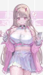 Rule 34 | 1girl, breasts, brown hair, cellphone, cleavage, commentary request, fishnet pantyhose, fishnets, goddess of victory: nikke, highres, holding, holding phone, horns, jacket, large breasts, long hair, long sleeves, looking at viewer, midriff, mole, mole under eye, musical note, pantyhose, phone, pink eyes, pink horns, pink jacket, pleated skirt, skirt, smile, solo, spoken musical note, thighs, viper (nikke), voruvoru, white pantyhose, white skirt, zipper