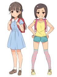 Rule 34 | 2girls, backpack, bad id, bad twitter id, bag, bare arms, blue bow, blue dress, blue shorts, blush, bow, brown eyes, brown footwear, brown hair, closed mouth, collared dress, commentary request, dress, grin, hair bow, hair ornament, hairclip, half updo, hands on own hips, highres, holding, loafers, long hair, looking at viewer, multiple girls, original, puffy short sleeves, puffy sleeves, randoseru, shirt, shoes, short hair, short shorts, short sleeves, shorts, simple background, sleeveless, sleeveless shirt, smile, sneakers, socks, standing, striped clothes, striped legwear, striped thighhighs, thighhighs, tsukana (saba mizore), white background, white legwear, yellow footwear, yellow shirt