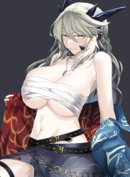 Rule 34 | 1girl, alternate costume, artoria pendragon (fate), artoria pendragon (lancer alter) (fate), bandages, belt, blue jacket, braid, breasts, cleavage, collarbone, fate/grand order, fate (series), french braid, grey hair, grey skirt, hair between eyes, horns, jacket, jewelry, large breasts, long hair, long sleeves, looking at viewer, midriff, minami koyogi, navel, necklace, off shoulder, open clothes, open jacket, sarashi, sidelocks, skirt, solo, thigh strap, thighs, yellow eyes