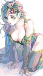 Rule 34 | 1girl, absurdres, bare shoulders, breasts, bridal gauntlets, cape, cleavage, collarbone, detached sleeves, dress, earrings, final fantasy, final fantasy iv, green cape, green dress, green eyes, green hair, green thighhighs, hair ornament, halu-ca, highres, jewelry, kneeling, large breasts, leaning forward, long hair, long sleeves, looking at viewer, parted lips, pelvic curtain, rydia (ff4), solo, star (symbol), star earrings, thighhighs, white background