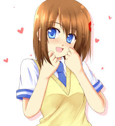 Rule 34 | 1girl, :d, absurdres, blue eyes, blush, brown hair, collared shirt, colored shadow, eyes visible through hair, hair ornament, heart, highres, lask, looking to the side, lyrical nanoha, mahou shoujo lyrical nanoha innocent, necktie, open mouth, school uniform, shadow, shirt, short hair, short sleeves, smile, solo, sweater vest, upper body, white background, x hair ornament, yagami hayate