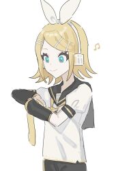 Rule 34 | 0211nami, 1girl, black shorts, black sleeves, blue eyes, closed mouth, collared shirt, cowboy shot, detached sleeves, hair ornament, hair ribbon, hairpin, headphones, kagamine rin, looking at hand, multiple hairpins, musical note, ribbon, shirt, shorts, smile, solo, vocaloid, white background, white shirt