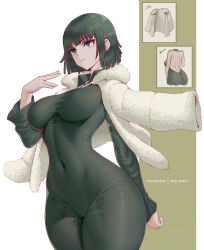 Rule 34 | 1girl, absurdres, black dress, breasts, closed mouth, coat, coat on shoulders, covered navel, cowboy shot, dress, fubuki (one-punch man), green eyes, green hair, highres, impossible clothes, large areolae, large breasts, long sleeves, melowh, one-punch man, short hair, simple background, skin tight, solo, standing, white background, white coat