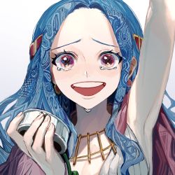 Rule 34 | 1girl, :d, arm up, blue hair, cape, earrings, hair ornament, hand up, highres, holding, holding phone, jewelry, nefertari vivi, no bangs, one piece, open mouth, patterned hair, phone, pink eyes, smile, solo, tearing up, tears, white background, yadu nadu