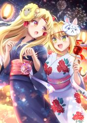 Rule 34 | 2girls, ahoge, blonde hair, commentary request, ereshkigal (fate), fate/grand order, fate (series), fireworks, fou (fate), green eyes, gu-rahamu omega x, hair between eyes, hair bun, highres, holding, long hair, looking at another, mask, multiple girls, nero claudius (fate), nero claudius (fate) (all), nero claudius (fate/extra), night, open mouth, outdoors, single hair bun, sky, tongue
