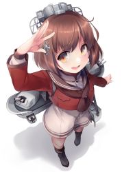 Rule 34 | 1girl, brown eyes, brown hair, brown neckerchief, dress, from above, full body, grey sailor collar, hair ornament, hairclip, headgear, kantai collection, looking at viewer, machinery, n:go, neckerchief, open mouth, red shirt, round teeth, sailor collar, sailor shirt, salute, shirt, short hair, simple background, solo, standing, tan yang (kancolle), teeth, upper teeth only, white background, white dress, yukikaze (kancolle)