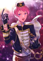 Rule 34 | 1boy, black gloves, bright pupils, buttons, commentary request, cowboy shot, ensemble stars!, formal, gloves, hat, high collar, highres, itsuki shu, long sleeves, official alternate costume, open mouth, pink hair, pink theme, puffy sleeves, purple eyes, sash, short hair, shoulder boards, shoulder sash, solo, teeth, upper teeth only, wednesday 108, white pupils