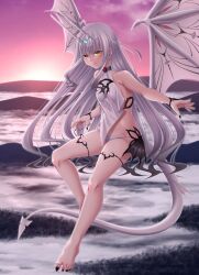 Rule 34 | 1girl, bare shoulders, breasts, dragon tail, dragon wings, fate/grand order, fate (series), forked eyebrows, full body, gradient sky, highres, horns, long hair, looking at viewer, melusine (fate), melusine (swimsuit ruler) (fate), melusine (swimsuit ruler) (second ascension) (fate), one-piece swimsuit, pink sky, sidelocks, sky, small breasts, solo, sunset, swimsuit, tail, takanashi tsukasa, thighlet, white hair, white one-piece swimsuit, wings, yellow eyes