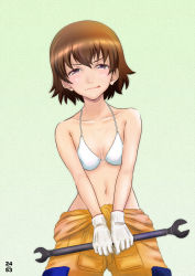 Rule 34 | 1girl, artist name, bikini, blush, breasts, brown eyes, brown hair, closed mouth, clothes around waist, commentary, cowboy shot, freckles, girls und panzer, gloves, green background, half-closed eyes, halterneck, highres, holding, holding wrench, jumpsuit, jumpsuit pull, licking lips, looking at viewer, mechanic, navel, nishi itsumi, orange jumpsuit, short hair, small breasts, smirk, solo, standing, swimsuit, tongue, tongue out, tsuchiya (girls und panzer), uniform, v arms, white bikini, white gloves, wrench