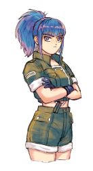 Rule 34 | 1girl, bamboobamboo68, black gloves, blue eyes, blue hair, crop top, crossed arms, earrings, gloves, green jacket, green shorts, highres, jacket, jewelry, leona heidern, looking at viewer, military, military uniform, ponytail, short sleeves, shorts, the king of fighters, the king of fighters xv, uniform