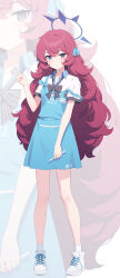 Rule 34 | 1girl, 7peach, absurdres, apron, aqua apron, aqua ribbon, black eyes, blue archive, blush, closed mouth, cosplay, full body, hair ribbon, halo, highres, id card, iroha (blue archive), long hair, looking at viewer, off shoulder, red hair, ribbon, shirt, shoes, simple background, socks, sora (blue archive), sora (blue archive) (cosplay), standing, twitter, v, very long hair, white background, white footwear, white shirt, white socks, zoom layer