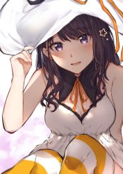 Rule 34 | 1girl, :d, absurdres, arm behind back, bare arms, bare shoulders, black hair, blush, breasts, cleavage, commentary request, detached collar, dress, gradient background, hand on headwear, highres, huge filesize, idolmaster, idolmaster shiny colors, kazano hiori, looking at viewer, medium breasts, mole, mole under mouth, open mouth, orange ribbon, orange thighhighs, purple eyes, ribbon, sitting, sleeveless, sleeveless dress, smile, solo, star (symbol), striped clothes, striped thighhighs, takani0721, thighhighs, white dress, white headwear