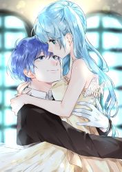 Rule 34 | 1boy, 1girl, aqua eyes, bare shoulders, black suit, blouse, blue eyes, blue hair, breasts, collared shirt, dress, formal, gloves, hatsune miku, highres, hug, indoors, kaito (vocaloid), light blue hair, long hair, looking at another, medium breasts, motimoti067, shirt, short hair, strapless, strapless dress, suit, teardrop, twintails, vocaloid, white gloves, white shirt, window, yellow dress