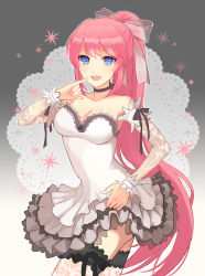 Rule 34 | 1girl, :d, alternate costume, alternate hairstyle, apring, arm warmers, bad id, bad pixiv id, bare shoulders, blue eyes, breasts, choker, cleavage, detached sleeves, dress, female focus, finger to mouth, frilled dress, frilled thighhighs, frills, grey dress, hair ribbon, highres, lace, lace legwear, long hair, looking at viewer, megurine luka, open mouth, pink hair, ponytail, ribbon, smile, solo, standing, strapless, strapless dress, thighhighs, very long hair, vocaloid
