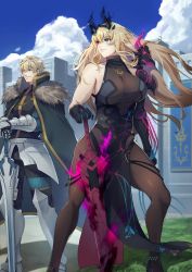 Rule 34 | 1boy, 1girl, asymmetrical gloves, black dress, blonde hair, blue eyes, breasts, cape, castle, darkness, dress, excalibur galatine (fate), barghest (fate), barghest (second ascension) (fate), fate/grand order, fate (series), fur-trimmed cape, fur trim, gauntlets, gawain (fate), gloves, heterochromia, highres, large breasts, long hair, nakaga eri, pantyhose, red eyes