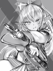 Rule 34 | 1girl, absurdres, aiming, aiming at viewer, bow, crossed wrists, dual wielding, greyscale, gun, hair between eyes, hair bow, handgun, highres, holding, hololive, long hair, long sleeves, looking at viewer, monochrome, nanashi (nlo), parted lips, pointy ears, ponytail, shiranui flare, shiranui flare (1st costume), sketch, smile, solo, virtual youtuber, weapon, wide sleeves