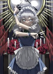 Rule 34 | 1girl, apron, between fingers, blue eyes, blue skirt, blue vest, bow, braid, candle, clock, closed mouth, cowboy shot, dress, flower, frilled skirt, frills, green ribbon, hair between eyes, hair bow, highres, holding, holding knife, izayoi sakuya, knife, looking at viewer, maid, maid headdress, nanasuou, red flower, red rose, ribbon, rose, serious, short hair, silver hair, skirt, skirt set, solo, touhou, twin braids, vest, waist apron, white apron