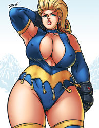 Rule 34 | 1girl, amazon warrior, areola slip, arm behind head, big hair, blonde hair, blue eyes, breasts, cameltoe, center opening, choker, covered erect nipples, earrings, fingerless gloves, from below, gloves, huge breasts, jewelry, jmanvelez, large breasts, leotard, lips, lipstick, long hair, looking at viewer, makeup, mary ivonskaya, mature female, no bra, pink lips, plump, solo, square enix, standing, tassel, thighhighs, tobal, tobal no. 1