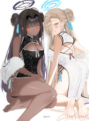 Rule 34 | 2girls, alternate costume, artist name, asuna (blue archive), bare legs, barefoot, black dress, blue archive, blush, braid, braided bun, breasts, china dress, chinese clothes, cleavage, dark-skinned female, dark skin, double bun, dress, eyewear on head, fingernails, fur shawl, hair bun, hair over one eye, halo, haruri, highres, karin (blue archive), kneeling, large breasts, long hair, looking at viewer, multiple girls, one eye covered, shawl, simple background, smile, soles, sunglasses, toes, very long hair, white background, white dress
