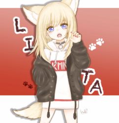 Rule 34 | 1girl, :o, animal ears, black jacket, blonde hair, blue eyes, character name, claw pose, dog ears, dog tail, fox ears, fox tail, gradient background, hand in pocket, highres, hood, hoodie, jacket, kmnz, long hair, long sleeves, mc lita, nail polish, no pants, open clothes, open jacket, paw print, paw print background, red background, shizu (huuhime0531), signature, simple background, tail, virtual youtuber, white background, white hoodie