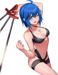 1girl ahoge bare_shoulders bikini black_bikini black_keys_(type-moon) blue_eyes blue_hair breasts c.i.e.l_(fate) ciel_(tsukihime) cross cross_necklace genshu_doki highres jewelry large_breasts looking_at_viewer navel necklace one_eye_closed open_mouth short_hair smile swimsuit sword thigh_strap thighs tsukihime weapon