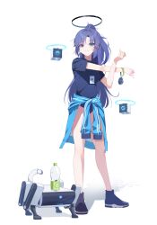 Rule 34 | 1girl, absurdres, arm across chest, blue archive, blue buruma, blue jacket, bottle, breasts, buruma, cross-body stretch, drone, full body, gym shirt, gym uniform, halo, highres, id card, jacket, kamiyama sumu, lanyard, long hair, looking at viewer, medium breasts, non-humanoid robot, official alternate costume, ponytail, purple eyes, purple hair, robot, robot animal, shirt, short sleeves, simple background, smile, solo, sportswear, standing, star sticker, sticker on face, stretching, tied jacket, track jacket, track uniform, water bottle, white background, yuuka (blue archive), yuuka (track) (blue archive)