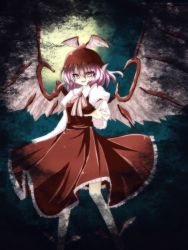 Rule 34 | 1girl, animal ears, dress, female focus, flying, full moon, hat, kurageu, legs, long sleeves, moon, mystia lorelei, open mouth, outstretched arm, outstretched hand, pink eyes, pink hair, shoes, short hair, smile, solo, touhou, winged footwear, wings