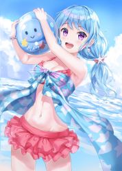 Rule 34 | 1girl, :d, arms up, bad id, bad pixiv id, ball, bang dream!, bare arms, bare shoulders, beachball, bikini, blue hair, blue sky, blush, breasts, cleavage, cloud, cloudy sky, commentary request, day, dutch angle, earrings, frilled bikini, frills, hair between eyes, hair ornament, highres, holding, holding ball, horizon, jewelry, layered bikini, long hair, looking at viewer, lunacle, matsubara kanon, medium breasts, navel, ocean, open mouth, outdoors, purple eyes, red bikini, see-through, shell hair ornament, sidelocks, sky, smile, solo, standing, starfish hair ornament, swimsuit, swimsuit cover-up