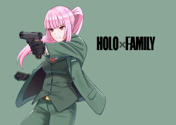 Rule 34 | 1girl, absurdres, cosplay, derivative work, formal, gloves, green jacket, green pants, green suit, gun, highres, holding, holding gun, holding weapon, hololive, hololive english, jacket, jpc, mori calliope, pants, pink hair, red eyes, red tie, simple background, spy x family, suit, twilight (spy x family), twilight (spy x family) (cosplay), virtual youtuber, weapon