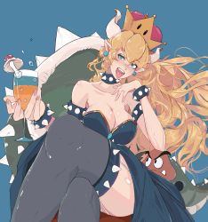 Rule 34 | 1girl, armlet, bare shoulders, black dress, blonde hair, blue background, bowsette, bracelet, breasts, cleavage, collar, cup, dress, earrings, elliemaplefox, goomba, grey thighhighs, hand up, highres, holding, holding cup, horns, jewelry, large breasts, long hair, mario (series), mushroom, nail polish, new super mario bros. u deluxe, nintendo, open mouth, pink nails, pointy ears, simple background, solo, spiked armlet, spiked bracelet, spiked collar, spiked tail, spiked thighlet, spikes, super crown, tail, thighhighs, thighlet, tongue, tongue out, turtle shell, very long hair