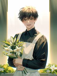 Rule 34 | 1boy, absurdres, apron, black hair, black shirt, chromatic aberration, collared shirt, commentary, english commentary, flower, highres, holding, holding flower, kim dokja, looking at viewer, male focus, omniscient reader&#039;s viewpoint, shirt, short hair, smile, solo, taozi tea, twitter username, upper body, white apron, white flower