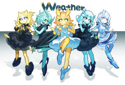Rule 34 | 5girls, animal, arm up, baniran dorosu, bare shoulders, black dress, blonde hair, blue dress, blue footwear, blue hair, blue horns, blue sclera, blue skin, blunt bangs, boots, clenched hands, closed mouth, colored sclera, colored skin, dress, electricity, electrokinesis, english text, female focus, flat chest, frog, full body, grin, hair between eyes, hair over one eye, half-closed eyes, hand on own cheek, hand on own face, hand on own hip, hand up, hands up, happy, head tilt, horns, index finger raised, leg up, legs, legs apart, liquid hair, looking at viewer, monster girl, multicolored hair, multiple girls, one eye covered, open mouth, orange hair, orange horns, orange sclera, original, outstretched arm, parted lips, personification, pigeon-toed, pink sclera, rain (baniran dorosu), red sclera, ringed eyes, sad, shoes, short dress, short hair, sidelocks, single horn, sleeveless, sleeveless dress, smile, snow (baniran dorosu), standing, standing on one leg, striped horns, sunny (baniran dorosu), tears, teeth, thunder (baniran dorosu), tiptoes, tornado (baniran dorosu), two-tone dress, two-tone hair, v, v-shaped eyebrows, water, white dress, white eyes, white footwear, white hair, wide-eyed, wrist cuffs, yellow horns, yellow sclera, yellow skin, yellow wings