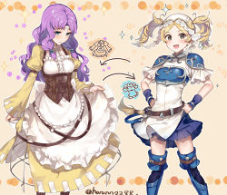 Rule 34 | 2girls, apron, armor, arrow (symbol), belt, blonde hair, blouse, blue eyes, blue footwear, blue skirt, blush, boots, bracelet, breastplate, breasts, brown belt, brown eyes, circlet, clenched hands, commentary, cosplay, costume switch, cowboy shot, crinoline, dress, fire emblem, fire emblem: the blazing blade, fire emblem awakening, florina (fire emblem), florina (fire emblem) (cosplay), flower, frilled apron, frilled dress, frills, hands on own hips, happy, haru (nakajou-28), headdress, jewelry, juliet sleeves, lissa (fire emblem), lissa (fire emblem) (cosplay), long hair, long sleeves, looking at viewer, looking down, maid apron, medium breasts, multiple girls, nintendo, open mouth, pauldrons, pleated skirt, puffy sleeves, purple hair, shirt, short sleeves, shoulder armor, simple background, skirt, sparkle, star (symbol), thigh boots, thighhighs, twintails, twitter username, underbust, white shirt, wrist cuffs, yellow dress, zettai ryouiki