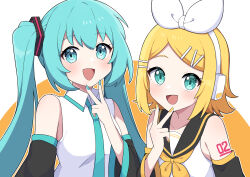 Rule 34 | 2girls, :d, absurdres, aqua eyes, aqua hair, aqua necktie, bare shoulders, black sleeves, blonde hair, blush, bow, collared shirt, commentary, detached sleeves, hairband, hand up, hatsune miku, highres, kagamine rin, long hair, looking at viewer, miz (mizillustration), multiple girls, neckerchief, necktie, open mouth, orange background, shirt, short hair, sleeveless, sleeveless shirt, smile, symbol-only commentary, twintails, upper body, v, v over mouth, vocaloid, white background, white bow, white hairband, white shirt, yellow neckerchief