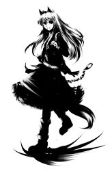 Rule 34 | 00s, 1girl, animal ears, full body, greyscale, high contrast, holo, long hair, mohomen, monochrome, solo, spice and wolf, tail, wolf ears, wolf tail