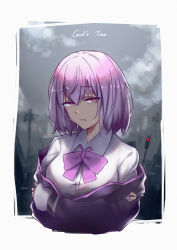 Rule 34 | 10s, 1girl, absurdres, bad id, bad pixiv id, bow, breasts, collared shirt, crossed arms, english text, eyes visible through hair, gridman universe, hair between eyes, highres, huge filesize, jacket, large breasts, lavender neckwear, light purple hair, long sleeves, looking at viewer, lsf (805661342), off shoulder, outdoors, parted lips, purple bow, purple jacket, red eyes, shinjou akane, shirt, sleeves past wrists, solo, ssss.gridman, tears, traffic light, upper body, white shirt