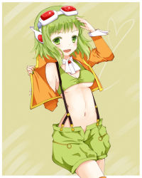 Rule 34 | 1girl, breasts, ascot, female focus, goggles, green eyes, green hair, gumi, matching hair/eyes, nail polish, shorts, solo, suspenders, underboob, vocaloid