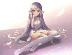 Rule 34 | 1girl, arm at side, arm warmers, bad id, bad pixiv id, belt, black belt, blush, collarbone, commentary, covered mouth, dduck kong, dress, earrings, elf, garter straps, hand to own mouth, highres, jewelry, long hair, no shoes, open belt, original, pointy ears, purple eyes, short dress, signature, silver hair, sitting, sleeveless, sleeveless dress, solo, thighhighs, very long hair, white dress, white thighhighs