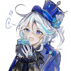Rule 34 | !, 1girl, blue bow, blue eyes, blue gloves, blue hair, blue headwear, blue jacket, blue pupils, bow, cake, cake slice, commentary, food, furina (genshin impact), genshin impact, gloves, heterochromia, highres, holding, holding food, jacket, long hair, multicolored clothes, multicolored gloves, multicolored hair, notice lines, open mouth, s slothv, simple background, smile, solo, spoken exclamation mark, streaked hair, white background, white hair