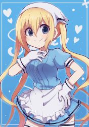Rule 34 | &gt;:), 1girl, apron, blend s, blonde hair, blue dress, blue eyes, blush, breasts, buttons, closed mouth, collared dress, cowboy shot, dress, frilled apron, frills, gloves, hair between eyes, hand on own hip, hand on own chest, head scarf, highres, hinata kaho, long hair, medium breasts, pleated dress, puffy short sleeves, puffy sleeves, short dress, short sleeves, si ki so, smile, solo, stile uniform, thighhighs, twintails, uniform, v-shaped eyebrows, very long hair, waist apron, waitress, white apron, white gloves, white headwear, white thighhighs