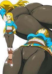 Rule 34 | 1girl, ass, black pants, blonde hair, boots, braid, breasts, cameltoe, from below, full body, gloves, green eyes, hakuto7u, highres, huge ass, medium breasts, multiple views, nintendo, pants, pointy ears, princess zelda, simple background, skin tight, smile, standing, the legend of zelda, the legend of zelda: breath of the wild, thick thighs, thighs, tight clothes, tight pants, white background, wide hips