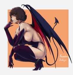 Rule 34 | absurdres, arado balanga (xchd7538), bad id, bad pixiv id, breasts, brown hair, chain, choker, commentary, demon girl, demon tail, demon wings, elbow gloves, gloves, high heels, highres, kawakami sadayo, large breasts, open mouth, persona, persona 5, sideboob, solo, squatting, tail, wings