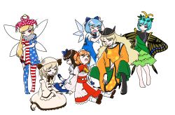 Rule 34 | &gt; &lt;, 6+girls, absurdres, american flag dress, antennae, aqua hair, arms behind back, ascot, barefoot, black footwear, black headwear, blonde hair, blue bow, blue dress, blue hair, boots, bow, brown hair, butterfly wings, chestnut mouth, cirno, closed eyes, closed mouth, clownpiece, constellation print, detached wings, dress, eternity larva, fairy, fairy wings, full body, green dress, green skirt, hair between eyes, hair bow, hat, headdress, highres, hyoju032, ice, ice wings, insect wings, jester cap, knee boots, leaf, leaf on head, loafers, long hair, long sleeves, luna child, matara okina, multicolored clothes, multicolored dress, multiple girls, one eye closed, open mouth, orange hair, orange sleeves, pantyhose, pink eyes, pink headwear, polka dot headwear, puffy short sleeves, puffy sleeves, purple eyes, red dress, shirt, shoes, short hair, short sleeves, simple background, single strap, skirt, smile, socks, star (symbol), star print, star sapphire, striped clothes, striped dress, striped legwear, striped pantyhose, sunny milk, tabard, torn clothes, torn dress, torn legwear, touhou, touhou sangetsusei, two side up, white background, white dress, white headwear, white legwear, white shirt, wide sleeves, wings, yellow ascot