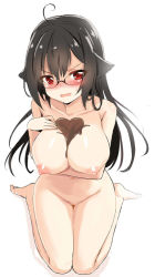 Rule 34 | 1girl, 3:, 3:&lt;, ahoge, animal ears, areola slip, black hair, blush, breasts, cat ears, chocolate, chocolate on body, chocolate on breasts, cleavage, collarbone, fang, food between breasts, food on body, full body, glasses, hair between eyes, heart, large breasts, long hair, looking at viewer, nipples, nose blush, nude, open mouth, original, red eyes, simple background, sitting, solo, sweatdrop, unname, v-shaped eyebrows, valentine, wariza, white background
