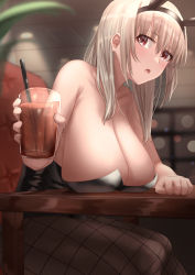 Rule 34 | 1girl, :o, absurdres, animal ears, bare shoulders, black hairband, black leotard, black pantyhose, blurry, blurry foreground, blush, breast rest, breasts, breasts on table, cleavage, collarbone, cup, drink, drinking glass, drinking straw, fake animal ears, fishnet pantyhose, fishnets, hairband, highres, holding, holding drinking glass, huge breasts, indoors, leaning forward, leotard, long hair, looking at viewer, looking to the side, ooeyama, open mouth, original, pantyhose, playboy bunny, rabbit ears, red eyes, restaurant, sagging breasts, sideboob, sidelocks, silver hair, sitting, solo, table, wooden table