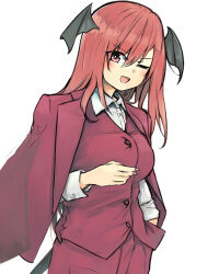 Rule 34 | 1girl, ;d, alternate costume, blush, breasts, buttons, eyes visible through hair, ginnkei, hair between eyes, hand in pocket, head wings, highres, jacket, koakuma, large breasts, long hair, looking at viewer, nail polish, one eye closed, open mouth, pants, pink eyes, red hair, red jacket, red nails, red pants, red vest, shirt, simple background, smile, solo, suit jacket, touhou, v-shaped eyebrows, vest, white background, white shirt, wing collar, wings