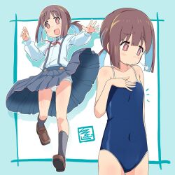 Rule 34 | 1girl, black socks, blue one-piece swimsuit, blue school swimsuit, breath, brown eyes, brown hair, closed mouth, colored inner hair, competition school swimsuit, female focus, flat chest, hozuki momiji, ki (adotadot), multicolored hair, off shoulder, one-piece swimsuit, onii-chan wa oshimai!, panties, ponytail, ribbon, school swimsuit, school uniform, skirt, smile, socks, swimsuit, thighs, underwear, white panties